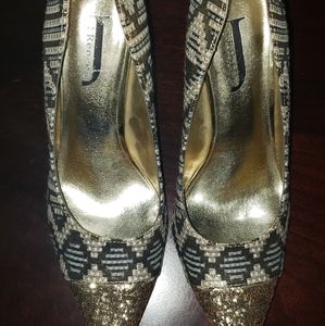 J.Renee woven gold and black glitter heels